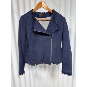 J.Crew Tweed Boucle Motorcycle Jacket Blazer with Fringes Navy Blue Size 8